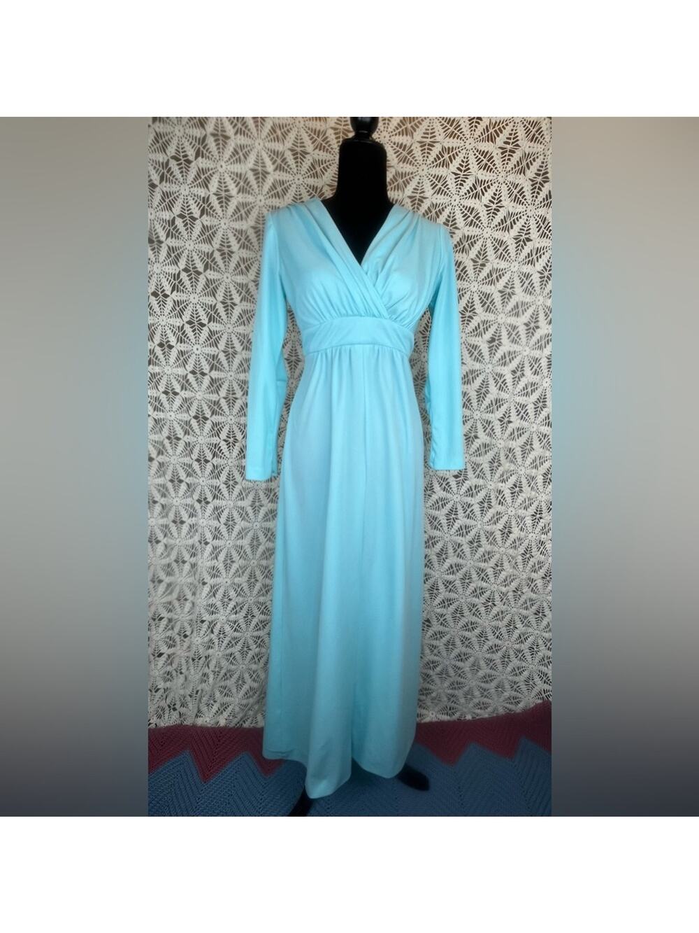 70’s Aqua Blue Deep V neck Maxi Dress
